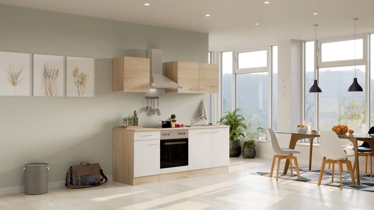 Cocina lineal Flex-Well Classic Florida · 210 cm · blanco y roble Sonoma