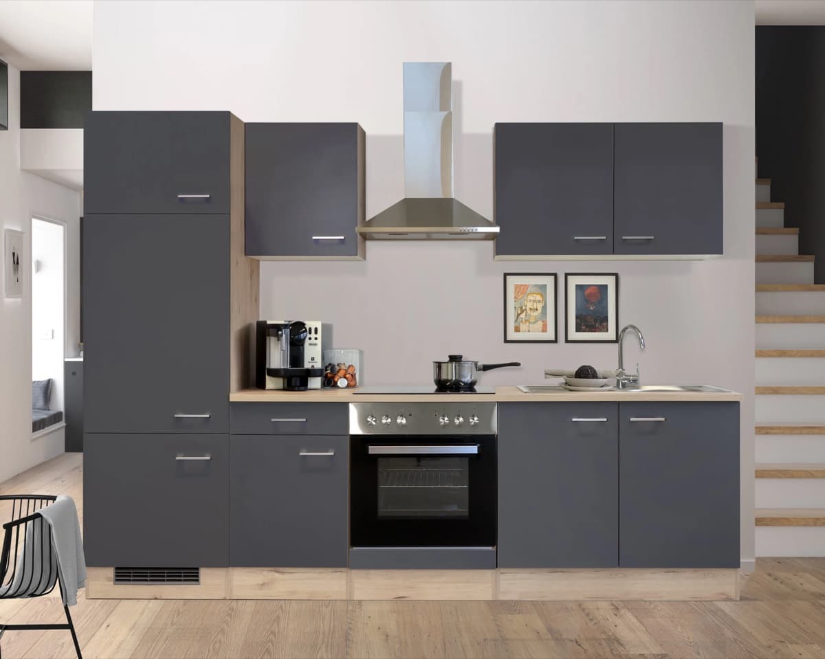 Cocina lineal Flex-Well Exclusiv Morena · 270 cm · gris basalto mate y roble claro