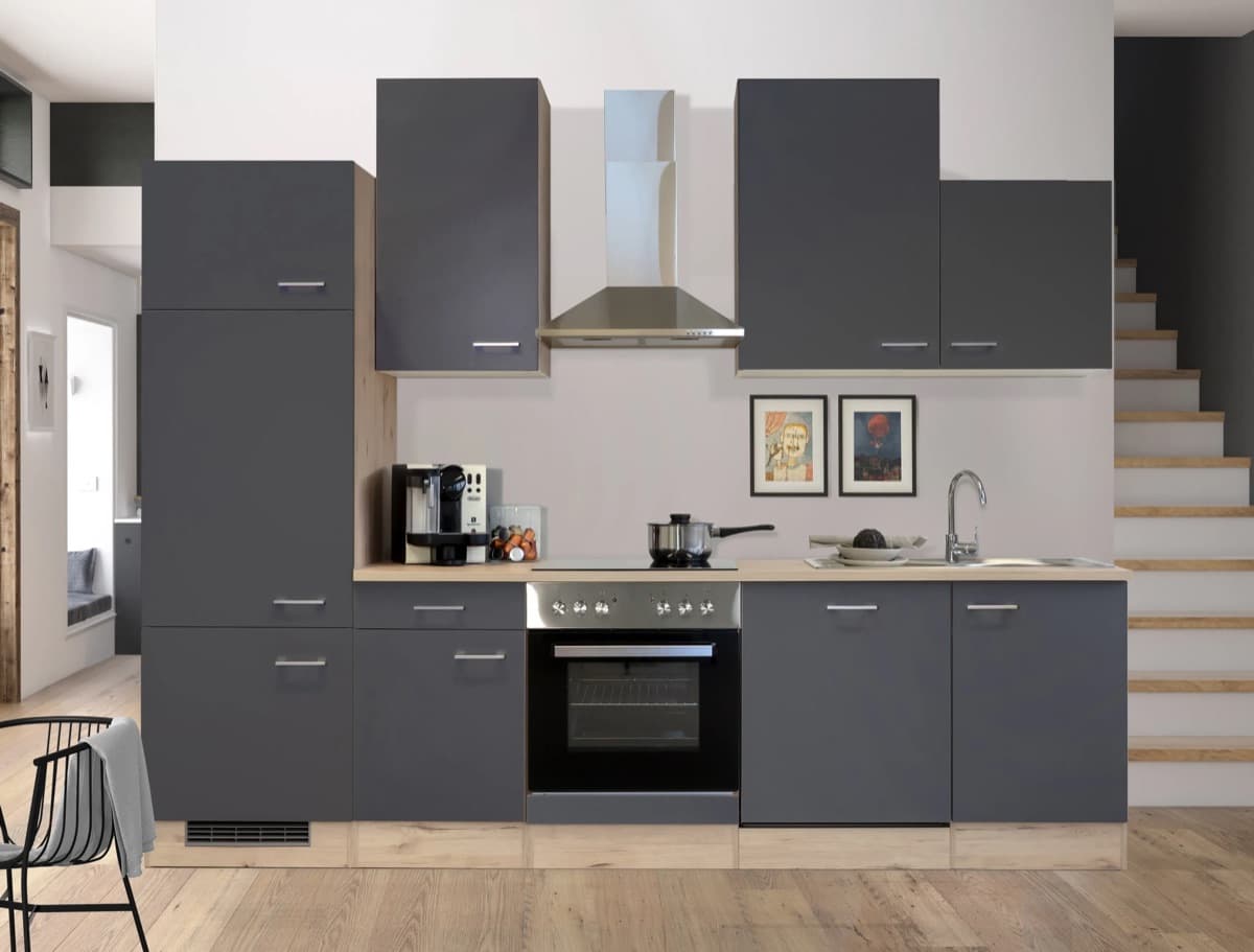 Cocina lineal Flex-Well Exclusiv Morena · 280 cm · gris basalto mate y roble claro