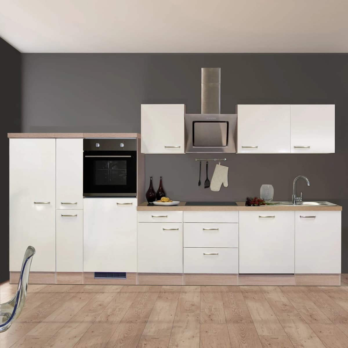 Cocina lineal Flex-Well Exclusiv Valero · 360 cm · blanco alto brillo