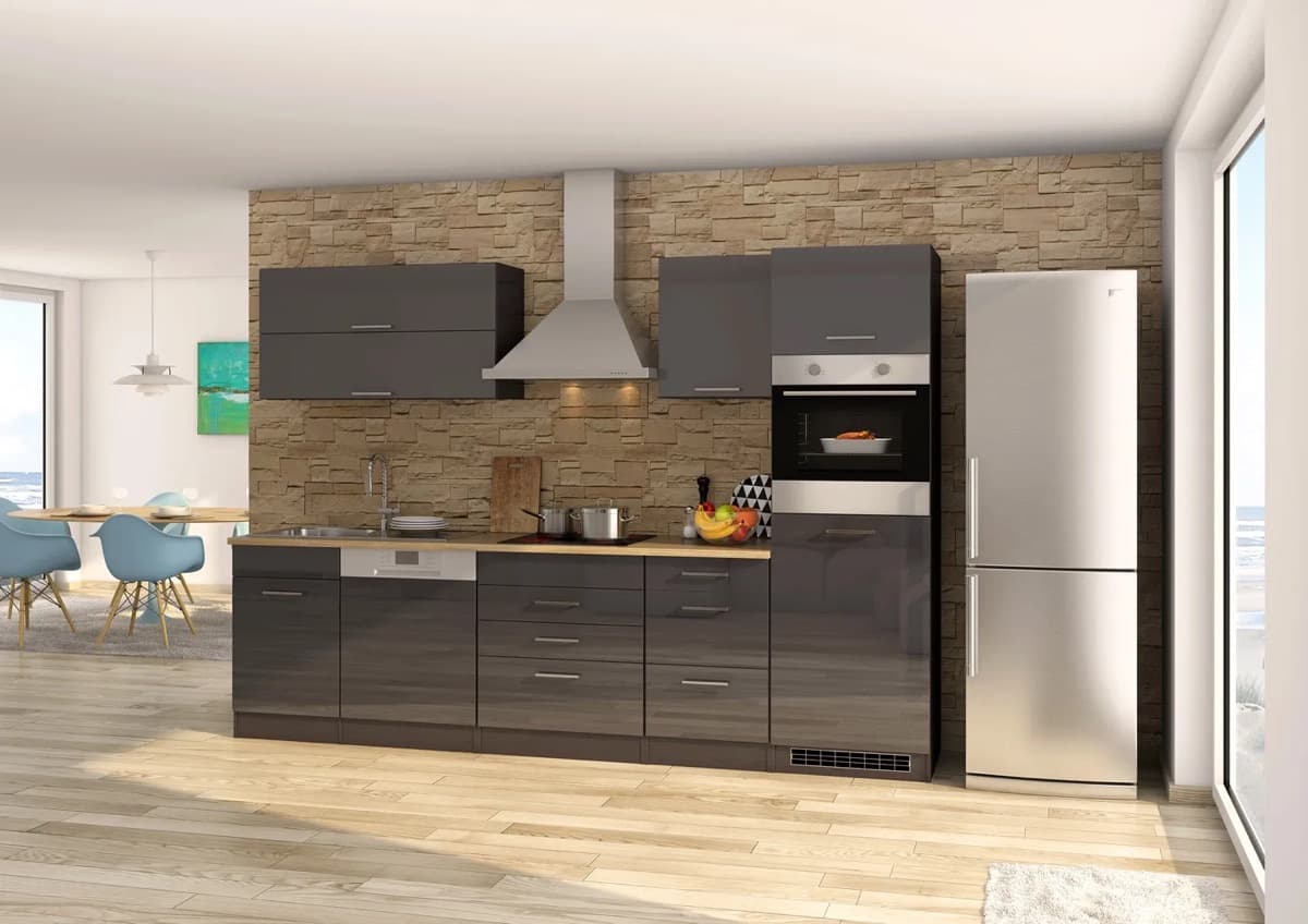 Cocina lineal Held Möbel Mailand · 300 cm · gris alto brillo y gris mate, con electrodomésticos