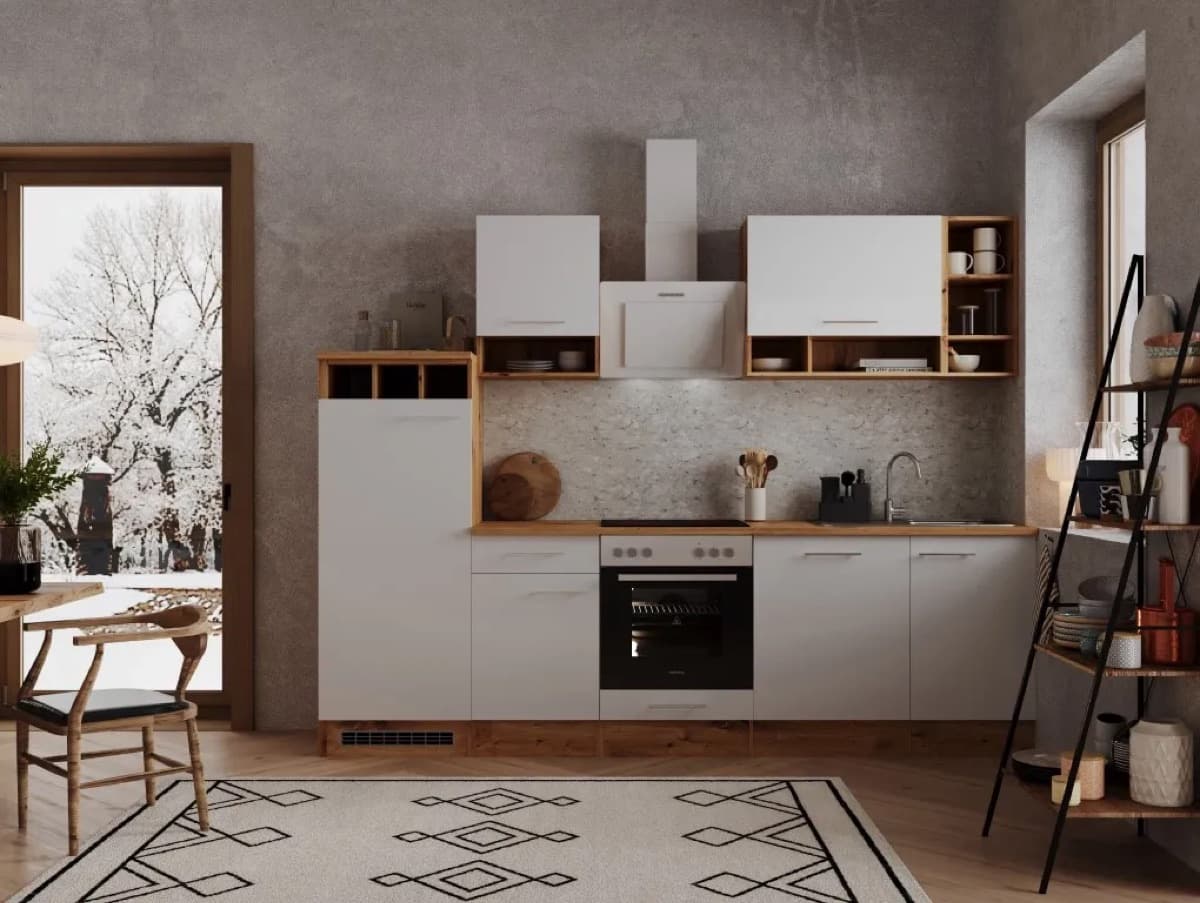 Cocina lineal Respekta 280 · 280 cm · blanco y roble salvaje