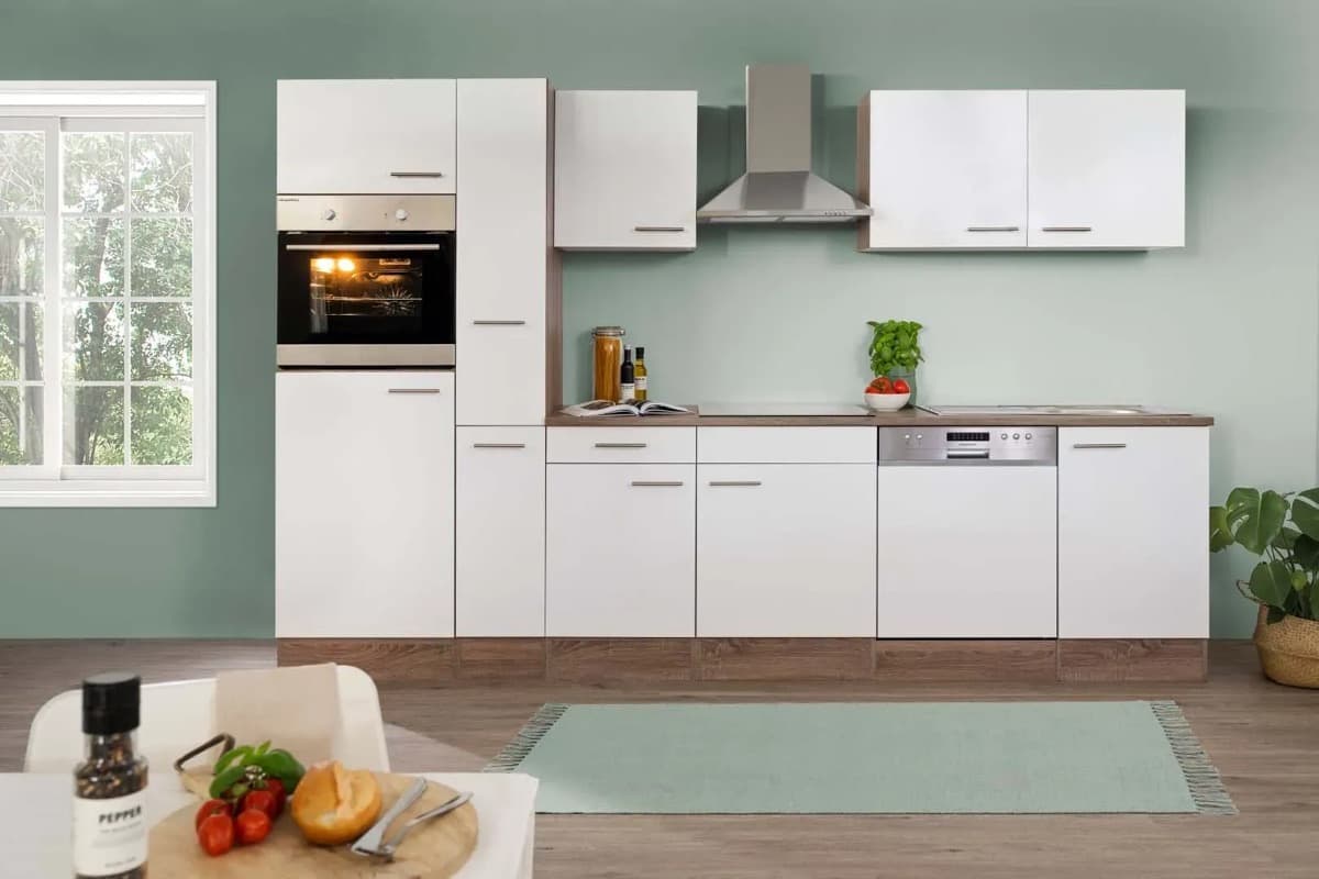 Cocina lineal Respekta 310 · 310 cm · blanco seda y roble York