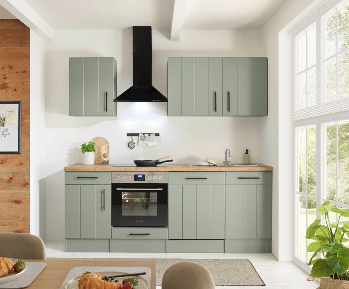 Cocina lineal Respekta Anton · 220 cm · estilo campestre verde caña, con juego de horno y placa