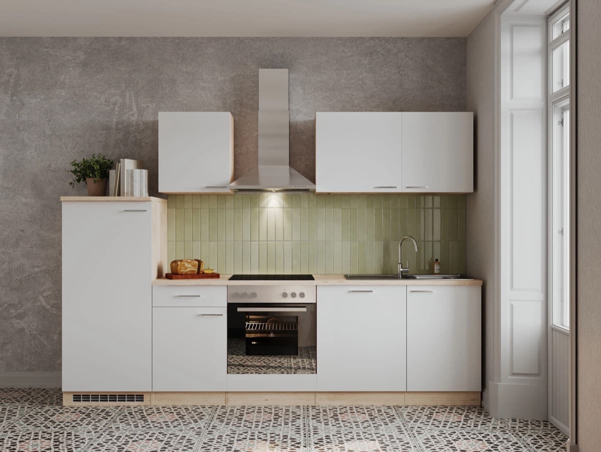 Cocina lineal Respekta KB280ENWPC · 280 cm · blanco y roble natura