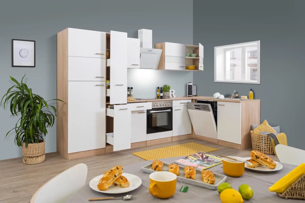 Cocina en L Respekta KBL310ESWSC · 310 cm · blanco y roble Sonoma